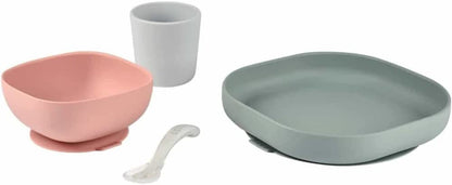 BEABA - Conjunto de Alimentação de Silicone - 4 Peças - Rosa Eucalipto