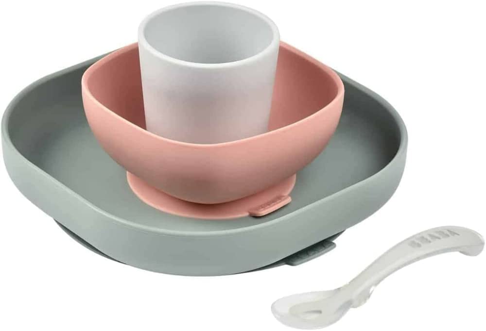 BEABA - Conjunto de Alimentação de Silicone - 4 Peças - Rosa Eucalipto