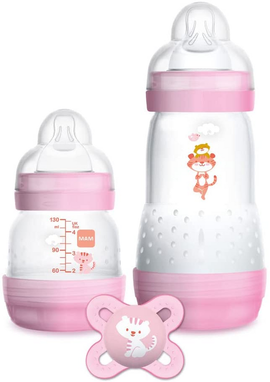 MAM Easy Start(TM) Set de iniciación anticólicos 0+ meses, juego de 2 biberones MAM Easy Start de 130 ml y 260 ml con chupete MAM Start Nanò 0-2 meses, rosa