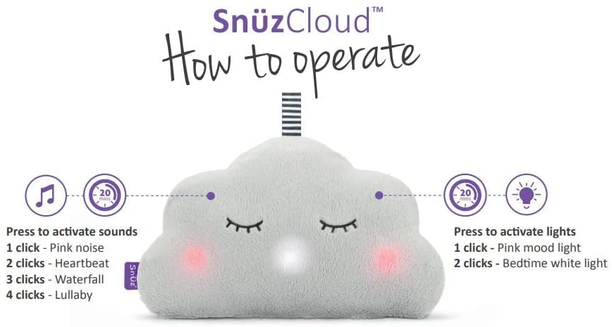 SnüzCloud Auxiliar de sono para bebês com 4 sons suaves e 2 opções de luz suave – toque macio e macio – portátil e elegante