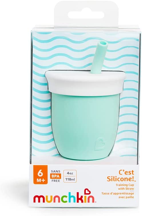 Munchkin C'est Silicone! Copo de treinamento aberto com canudo para bebês e crianças de 6 meses + Copo com canudinho de transição ideal, copo com canudinho de fluxo livre para copo com canudo para desmame de bebês e crianças, 4 oz / 120 ml, Coral