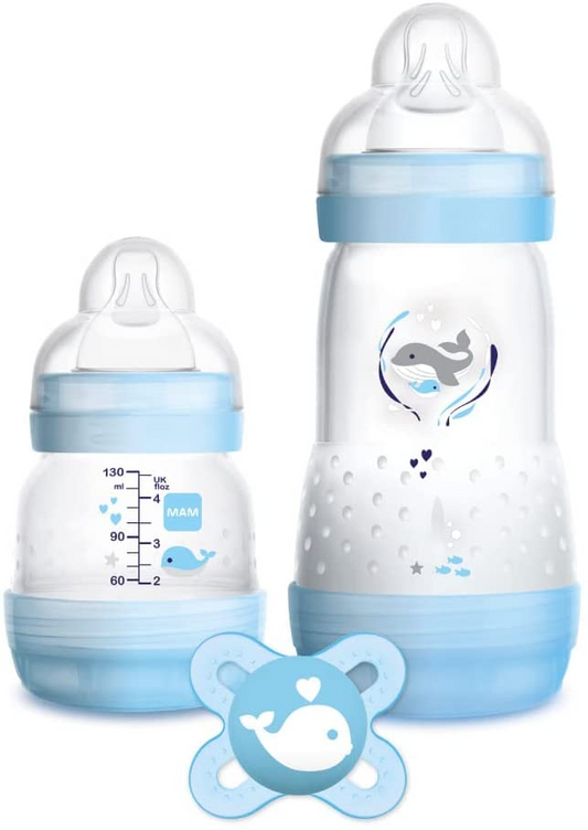 MAM Easy Start Anticólico Starter Set 0+ Meses, Juego de 2 biberones MAM Easy Start 130ml y 260ml con Chupete MAM Start Nanò 0-2meses, Azul