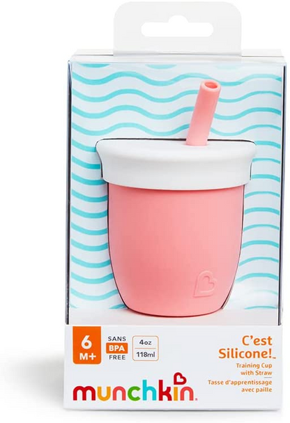 Munchkin C'est Silicone! Copo de treinamento aberto com canudo para bebês e crianças de 6 meses + Copo com canudinho de transição ideal, copo com canudinho de fluxo livre para copo com canudo para desmame de bebês e crianças, 4 oz / 120 ml, Coral