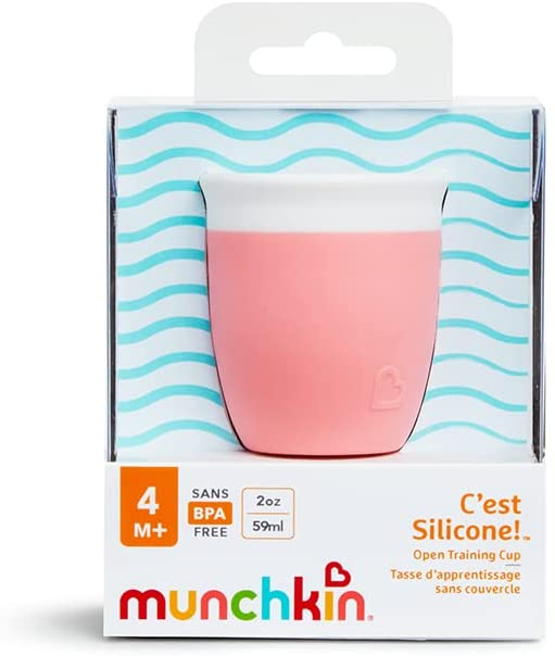 Munchkin C'est Silicone! Copo aberto para bebês e bebês para bebês e crianças de 4 meses ou mais, copo com canudinho de transição ideal e copo com canudinho de fluxo livre adequado para desmame de bebês e crianças, 2 oz/60 ml, coral