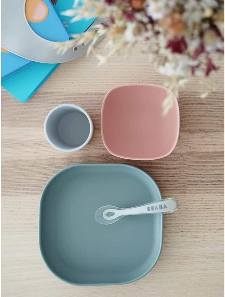 BEABA - Conjunto de Alimentação de Silicone - 4 Peças - Rosa Eucalipto