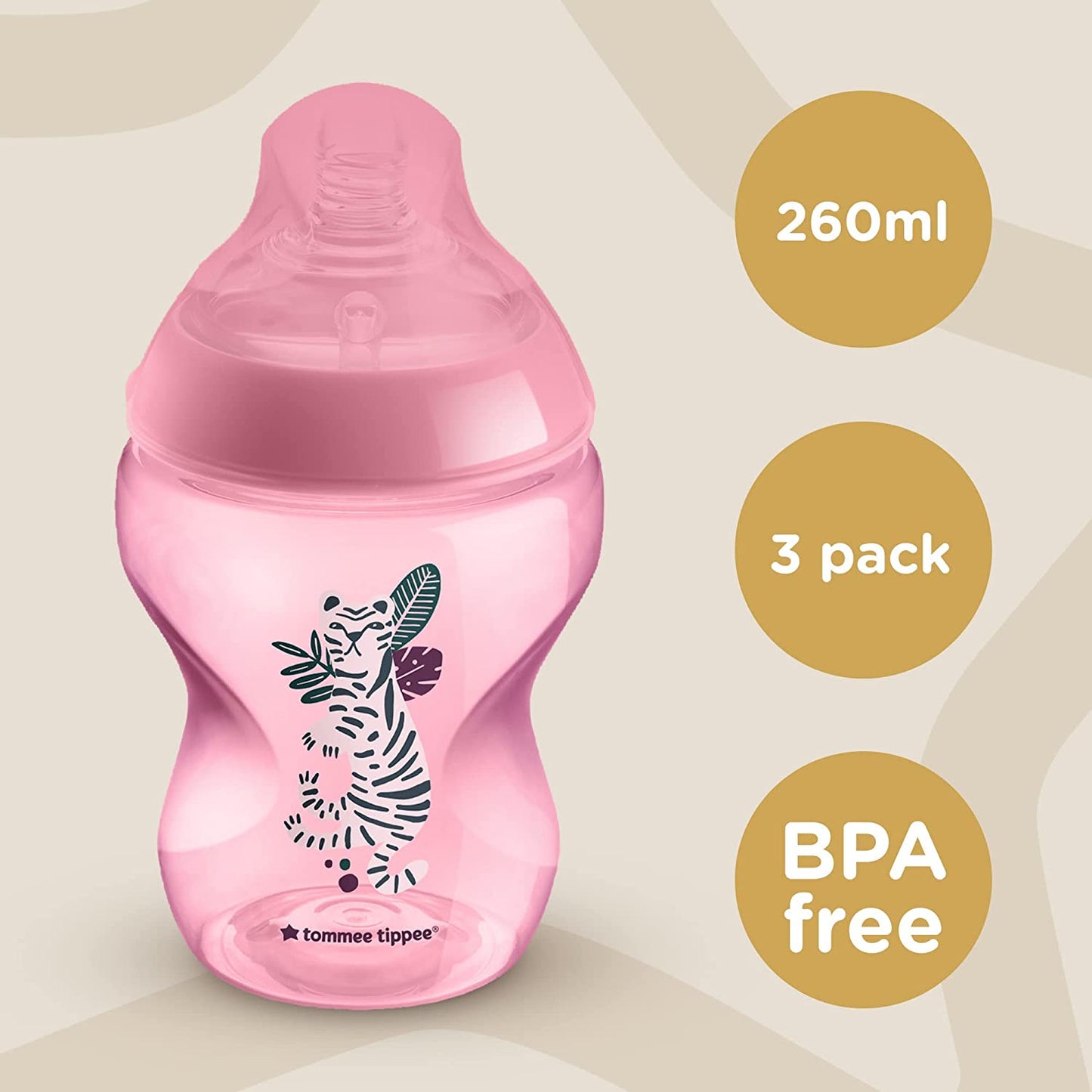 Tommee Tippee - Closer to Nature - Mamadeiras Fluxo Lento com Válvula Anti-cólica - 260ml - Kit com 3 - Rosa