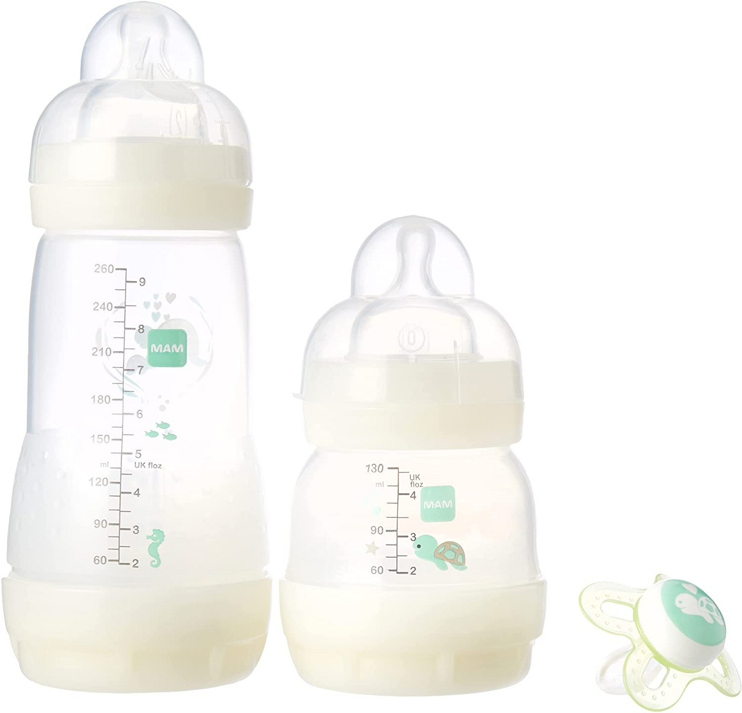 MAM Easy Start(TM) Set de iniciación anticólicos 0+ meses, juego de 2 biberones MAM Easy Start de 130 ml y 260 ml con chupete MAM Start Nanò 0-2 meses, neutro