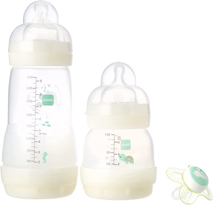 MAM Easy Start(TM) Set de iniciación anticólicos 0+ meses, juego de 2 biberones MAM Easy Start de 130 ml y 260 ml con chupete MAM Start Nanò 0-2 meses, neutro