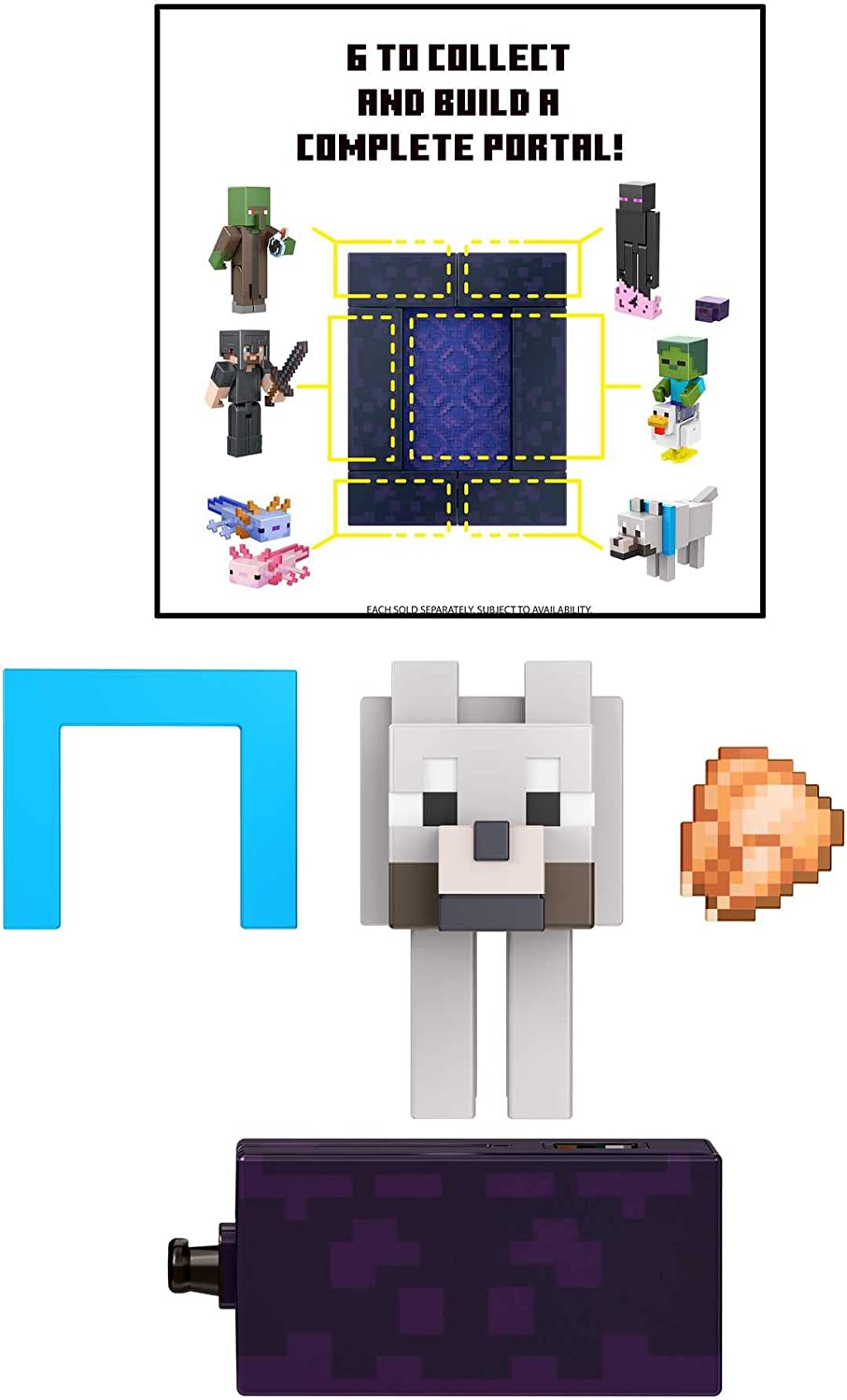 Minecraft Build Wolf Action Figure, 3,25 pol., com 1 peça Build-a-Portal e 1 acessório, brinquedo de construção inspirado em videogame, presente colecionável para fãs e crianças de 6 anos ou mais