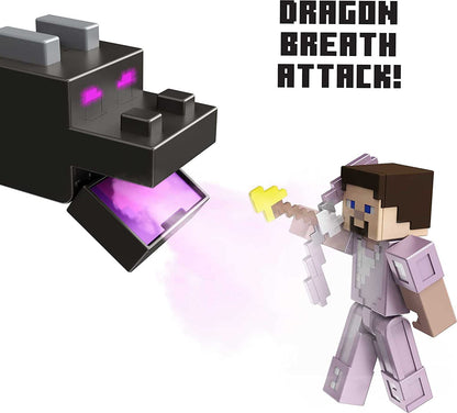 Minecraft Ultimate Ender Dragon Figura, criatura que respira névoa de 20 polegadas, figura de Steve com mudança de cor de 3,25 polegadas, acessório de batalha, presente para mais de 6 anos, GYR76