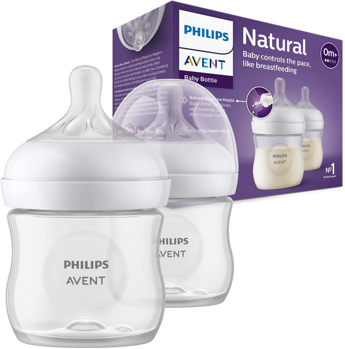 Biberón Philips Avent Natural Response - 2 biberones de 125 ml para recién nacidos y mayores, sin BPA, 0+ meses (modelo SCY900/02)