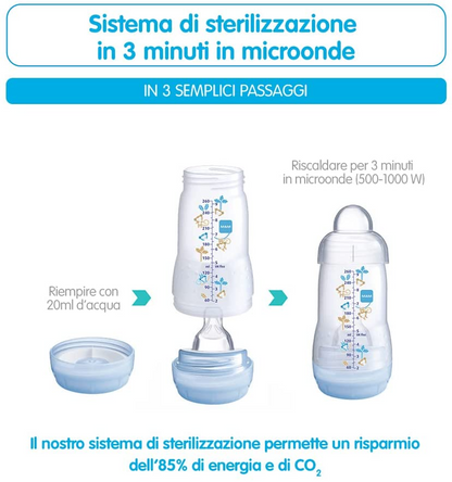 MAM Easy Start Anti-Colic Starter Set 0+ Meses, Conjunto de 2 mamadeiras MAM Easy Start 130ml e 260ml com MAM Start Nanò Chupeta 0-2meses, Azul