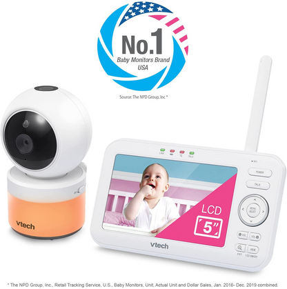 Vtech VM5463-2 Video Baby Monitor LCD de 5" com 2 câmeras, bateria 12 horas. Modo de vídeo, Pan Tilt Zoom, luz noturna colorida, projeção de brilho no teto, recursos ativados por som, conversa bidirecional