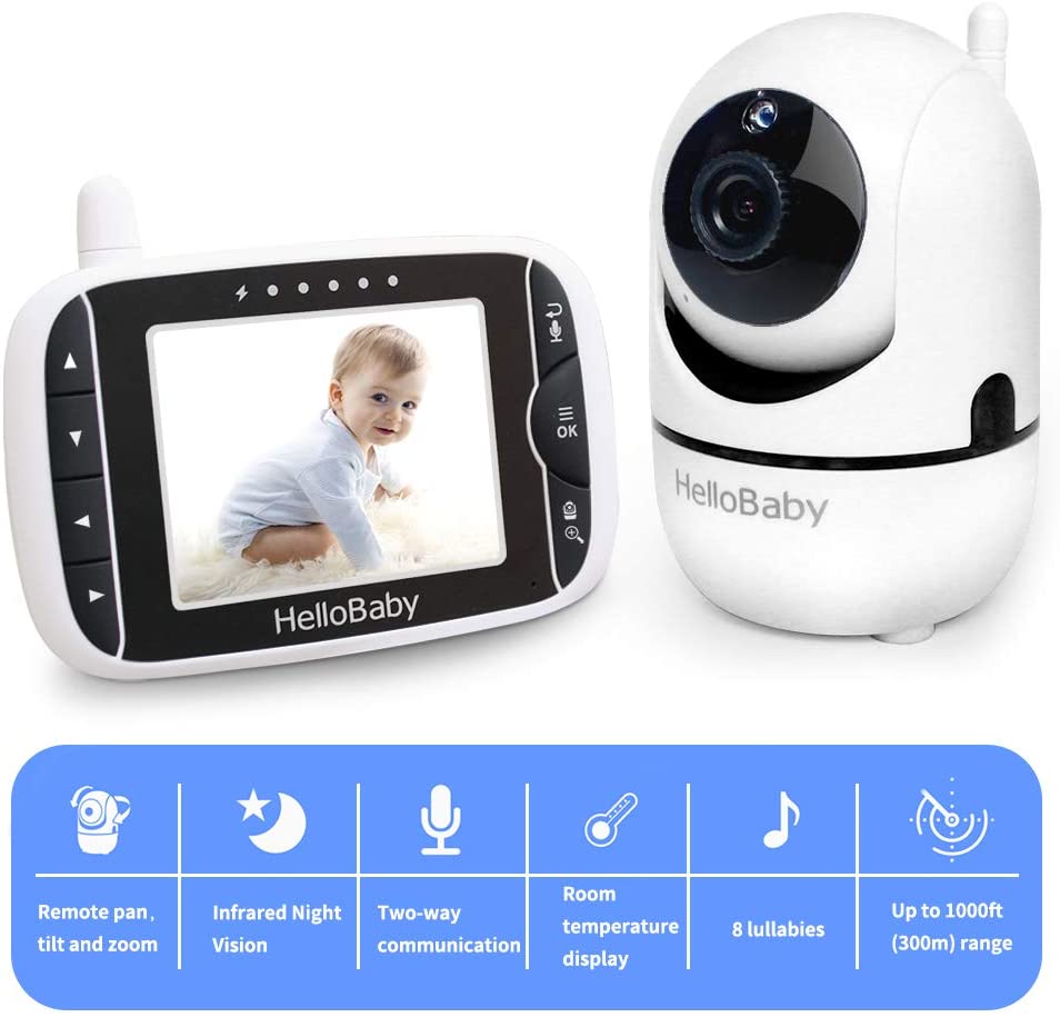 ‎HelloBaby - Monitor para bebés con cámara remota con zoom panorámico, inclinable y de 3,2''