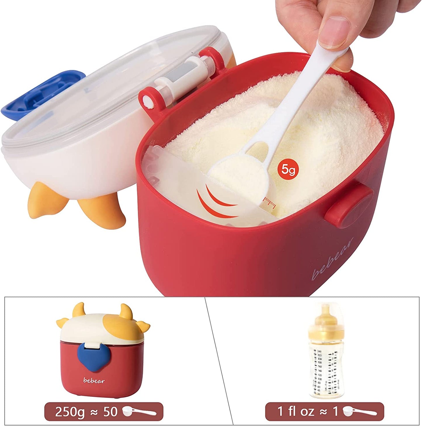 Bebamour - Recipiente Hermético Portátil para Leche en Polvo con Cuchara y Nivelador 460ml - Rojo 