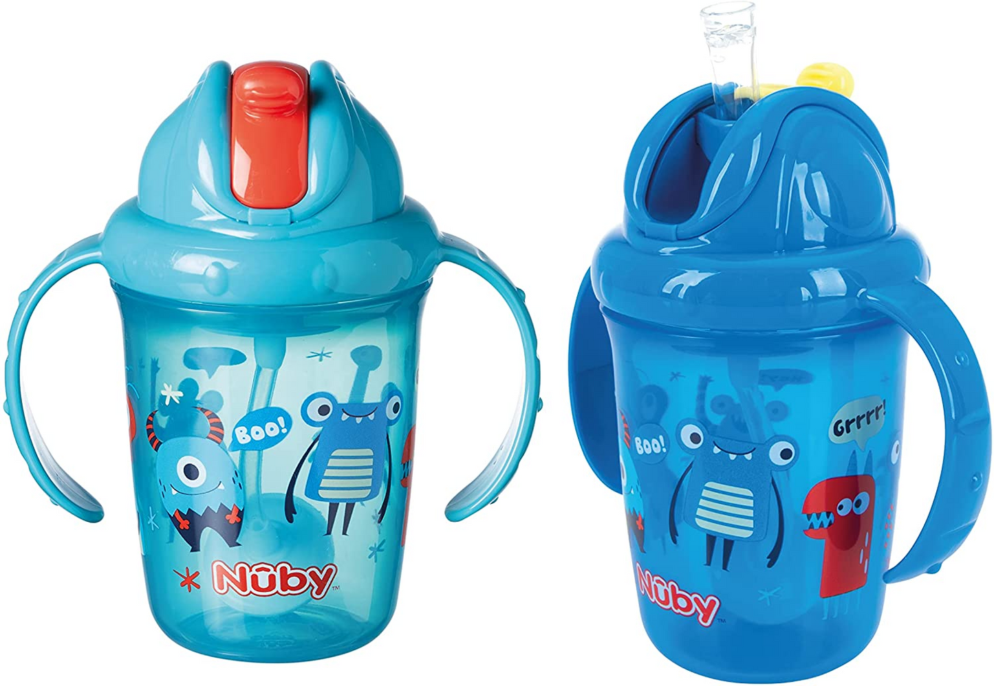 Botella de agua Nuby Flip N Sip - Vaso para sorber sin derrames | 240ml / 8oz | Doble asa | Paja ponderada | Apto para lavavajillas | Taza apta para mayores de 6 meses (paquete de 2), 048526890439