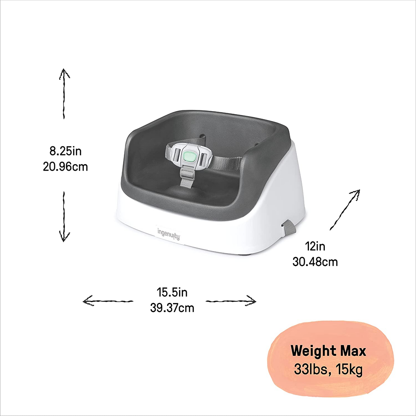 Ingenuity Assento elevatório para crianças SmartClean, ardósia, assento para refeições e alimentação para crianças, leve para viagens, fácil de limpar, arnês de segurança de 3 pontos, cresce com o bebê, a partir de 16 meses