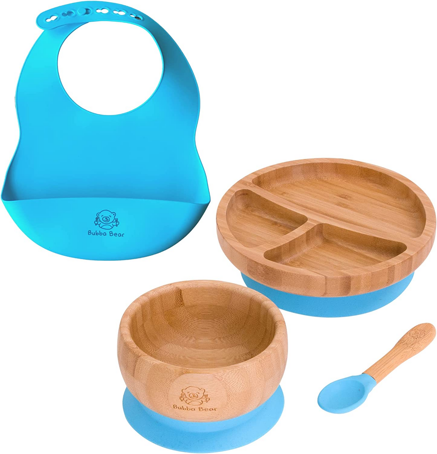 Bubba Bear ® Conjunto de desmame do bebê | Pratos, Tigelas e Colheres de Bambu para Alimentação Led de Crianças | Conjuntos de prato de sucção, tigela e colher para bebês a partir de 6 meses | Babete BLW infantil combinando opcional