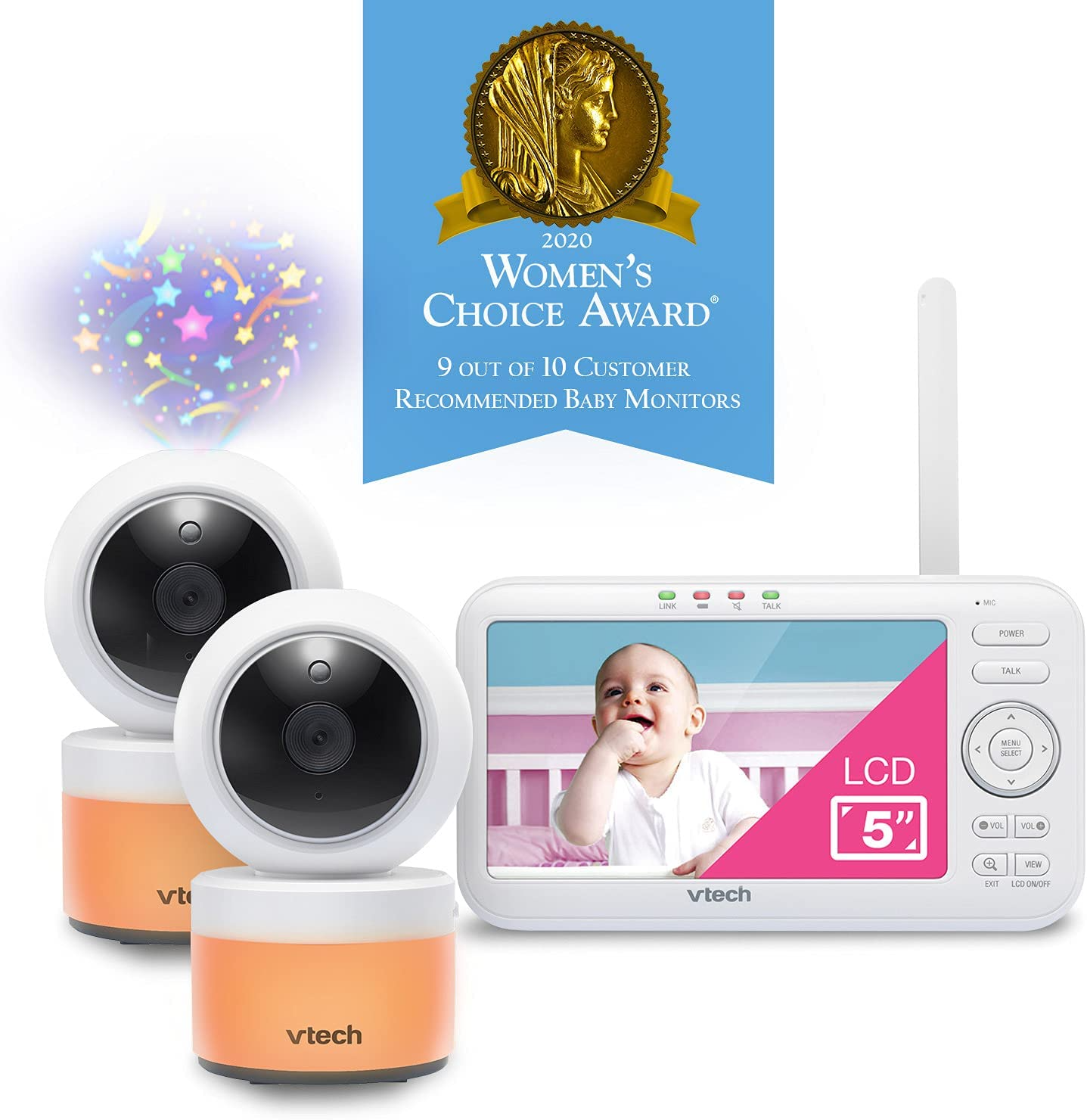 Vtech VM5463-2 Video Baby Monitor LCD de 5" com 2 câmeras, bateria 12 horas. Modo de vídeo, Pan Tilt Zoom, luz noturna colorida, projeção de brilho no teto, recursos ativados por som, conversa bidirecional