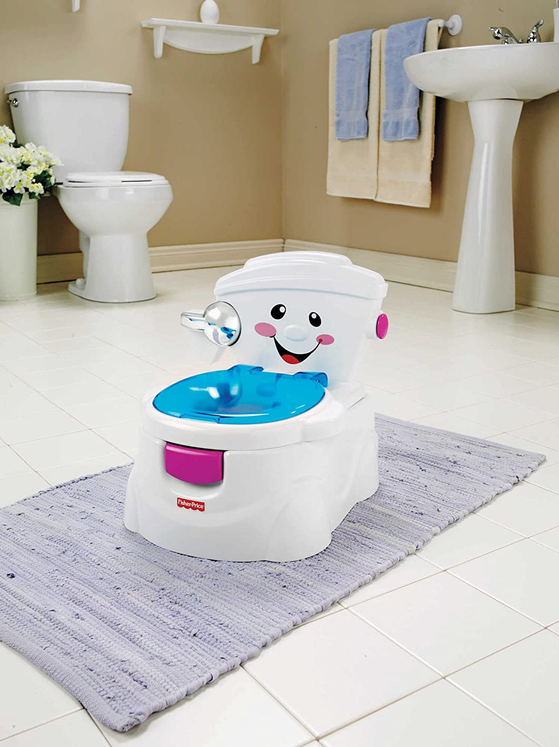 Fisher-Price P4324 My Potty Friend, Assento de treinamento para banheiro infantil com sons, músicas e frases para encorajar e recompensar, branco (Pacote com 1)