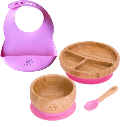 Bubba Bear ® Conjunto de desmame do bebê | Pratos, Tigelas e Colheres de Bambu para Alimentação Led de Crianças | Conjuntos de prato de sucção, tigela e colher para bebês a partir de 6 meses | Babete BLW infantil combinando opcional