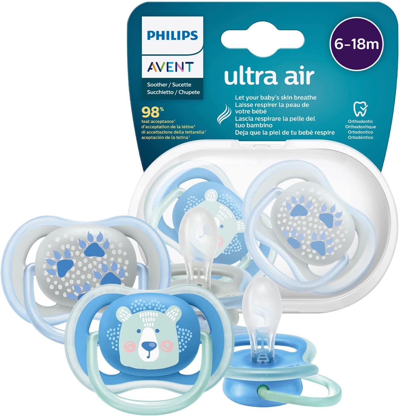 Philips Avent Ultra Air Soother 2 Pack - chupeta sem BPA para bebês de 6 a 18 meses (modelo SCF085/03)