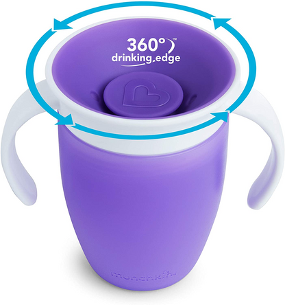 Munchkin Copo Miracle 360, copo para bebê e canudinho, canudinho ideal, copo para água e desmame de 6+ a 12 meses, 207 ml, pacote com 2, rosa e roxo e tigelas de sucção para colocar, pacote com 3, azul/verde/roxo