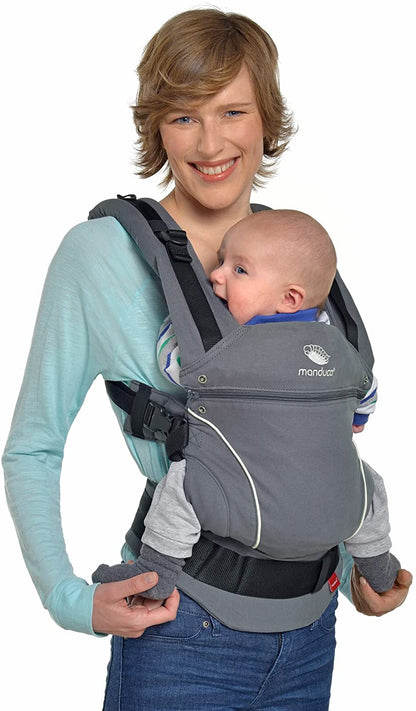 manduca First Baby Carrier > Pure Cotton < Carrinho de bebê ajustável e versátil de recém-nascido a criança (3,5 até 20 kg), 3 posições (frente, quadril e costas), fabricado na Europa (PureCotton, Darkgrey)