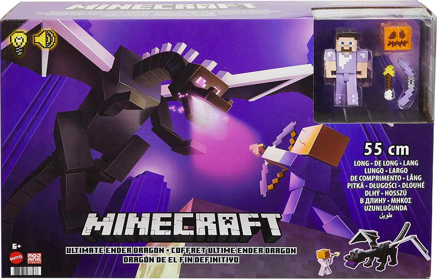 Minecraft Ultimate Ender Dragon Figura, criatura que respira névoa de 20 polegadas, figura de Steve com mudança de cor de 3,25 polegadas, acessório de batalha, presente para mais de 6 anos, GYR76