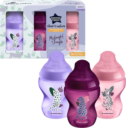 Tommee Tippee - Closer to Nature - Mamadeiras Fluxo Lento com Válvula Anti-cólica - 260ml - Kit com 3 - Rosa