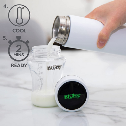 Nuby RapidCool Portable Bottle Maker, prepara una toma de fórmula en solo 2 minutos, ideal para biberones de viaje y tomas nocturnas. Incluye dispensador de leche en polvo y tapa digital. No se necesita filtro.