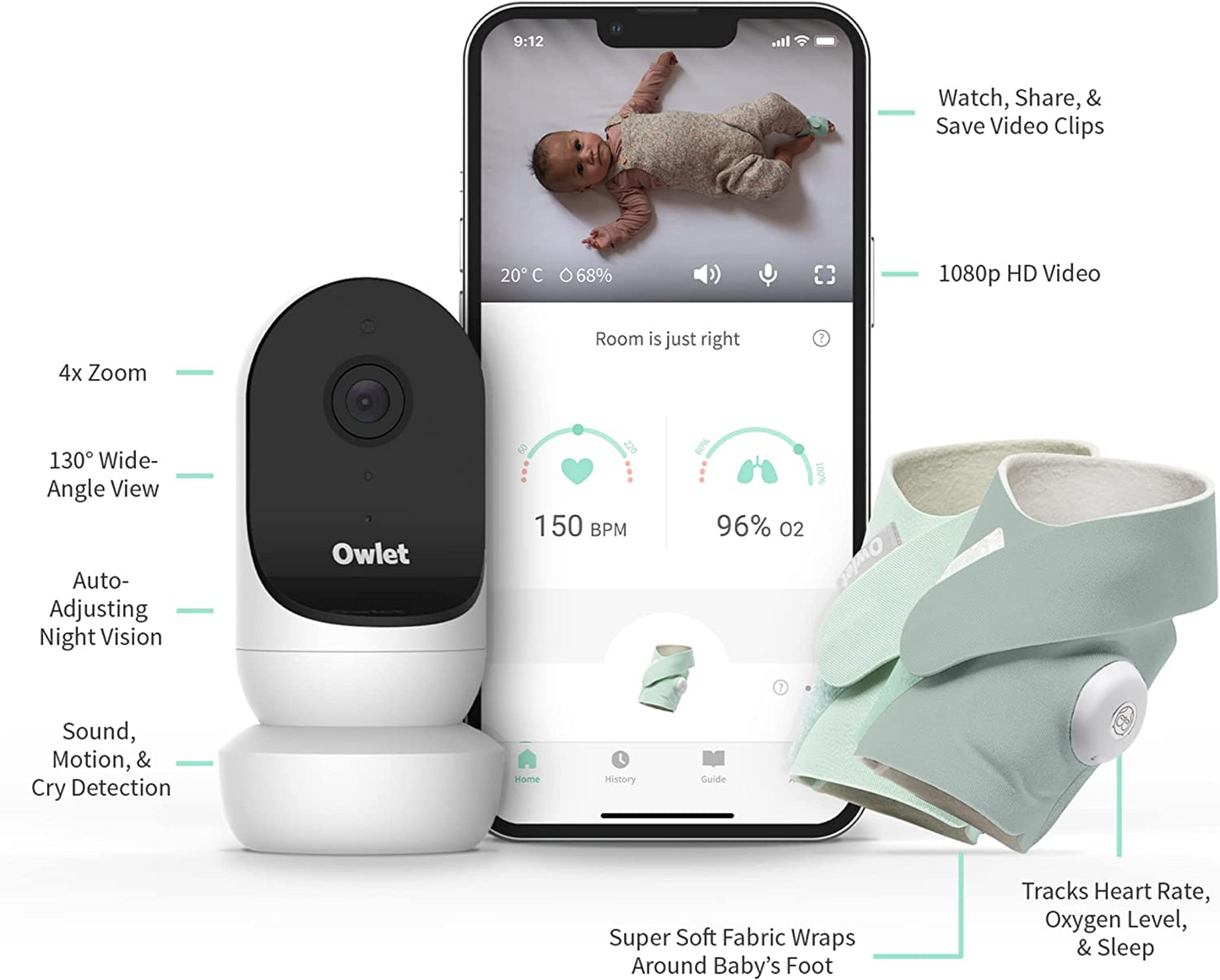 Owlet Monitor Duo - Cam y Smart Sock 3 - Vigilabebés con cámara de vídeo HD - Visión nocturna y audio - Seguimiento de frecuencia cardíaca, oxígeno y tendencias de sueño (0-18 meses)