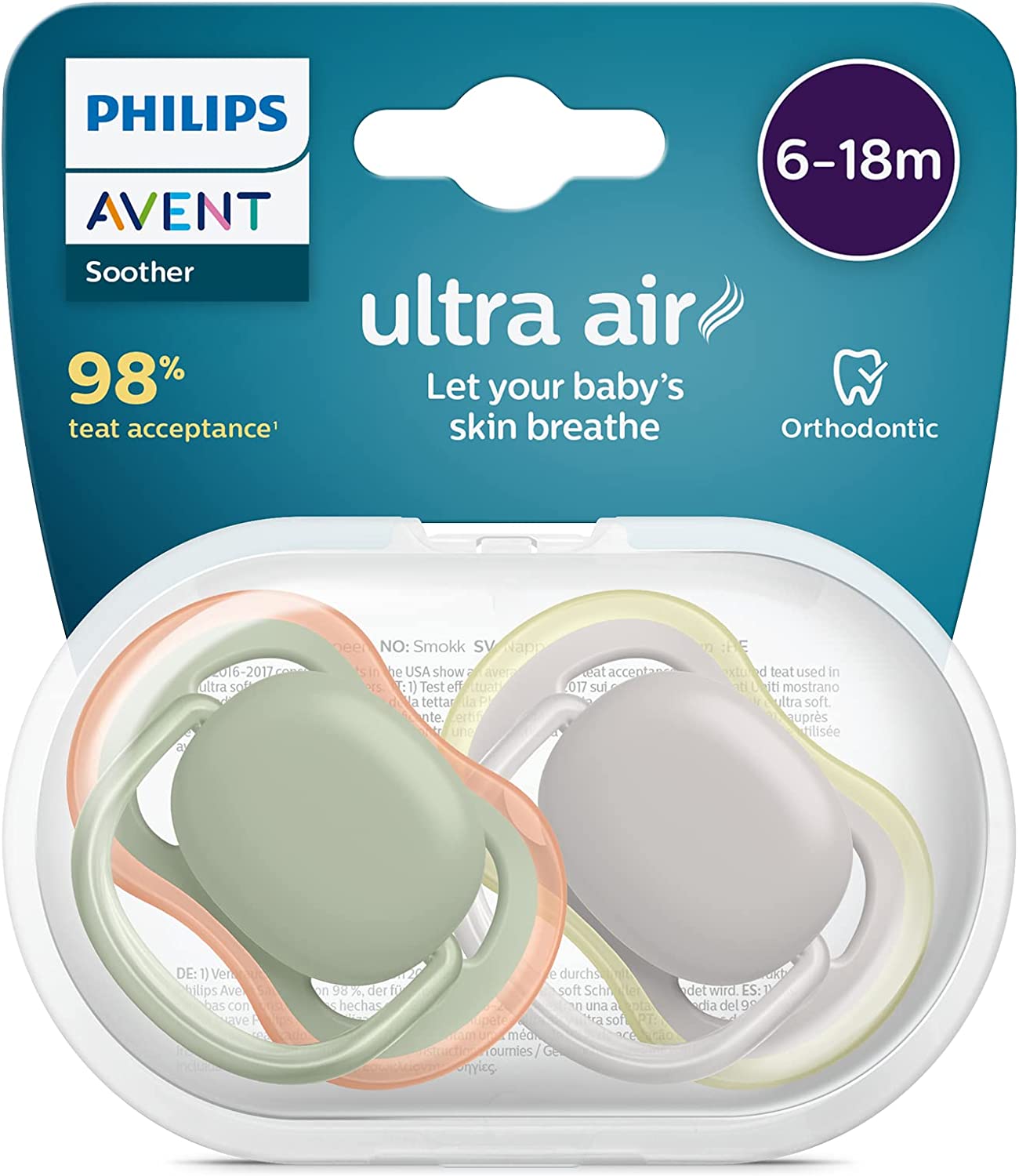 Philips Avent Ultra Air Soother 2 Pack - chupeta sem BPA para bebês de 6 a 18 meses (modelo SCF085/20)