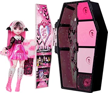 Monster High Boneca e de Moda Conjunto , Boneca Draculaura, Segredos Skulltimate: Série Fearidescent, Armário de Vestir com 19+ Acessórios, HNF73