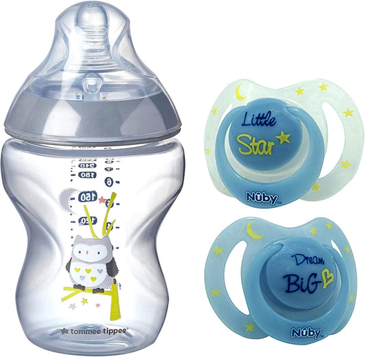 Tommee Tippee y Nuby - Biberón anticólicos - 260 ml con Chupetes de Ortodoncia - Kit 3 piezas - 0-6 meses - Azul 