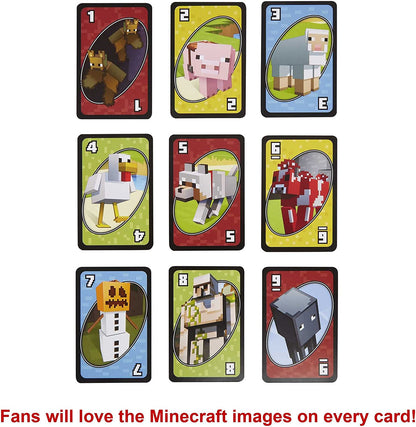 UNO Minecraft Card Game de videogame Deck de colecionador com tema 112 cartas com imagens de personagens, presente para fãs de 7 anos ou mais - FPD61