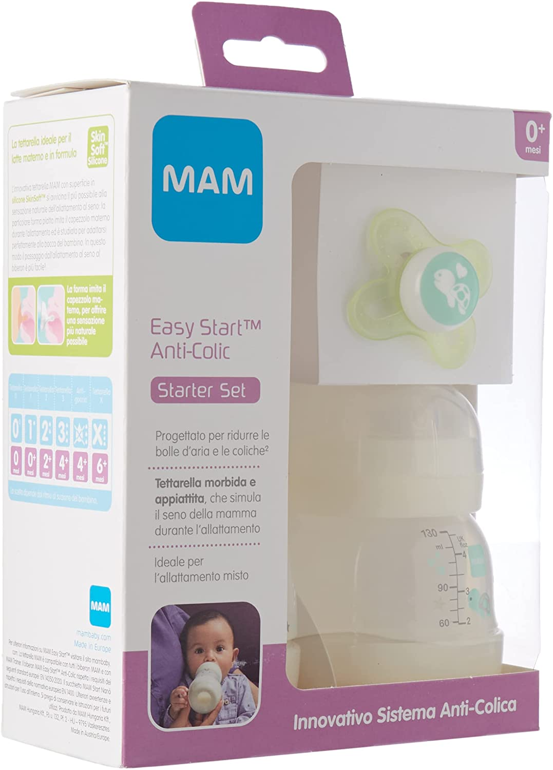 MAM Easy Start(TM) Set de iniciación anticólicos 0+ meses, juego de 2 biberones MAM Easy Start de 130 ml y 260 ml con chupete MAM Start Nanò 0-2 meses, neutro