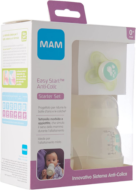 MAM Easy Start(TM) Set de iniciación anticólicos 0+ meses, juego de 2 biberones MAM Easy Start de 130 ml y 260 ml con chupete MAM Start Nanò 0-2 meses, neutro