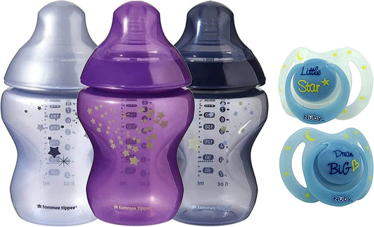 Tommee Tippee y Nuby - Biberón anticólicos - 260 ml con Chupetes de Ortodoncia - Kit 5 piezas - 0-6 meses - Midnight Skies 