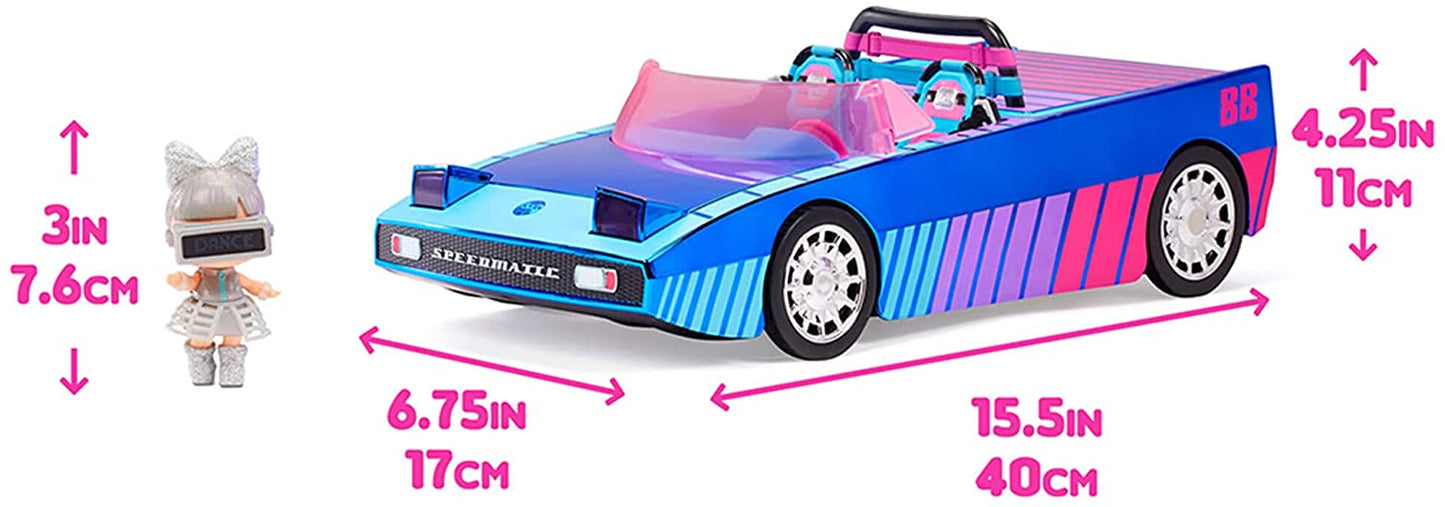 LOL Surprise Dance Machine Car com boneca exclusiva, piscina surpresa, pista de dança e luz negra mágica