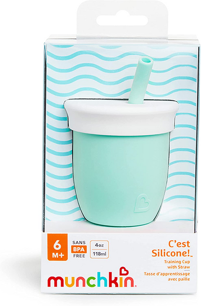 Munchkin® C'est Silicone! Copo de treinamento aberto com canudo para bebês e crianças de 6 meses +, 4 onças, hortelã, Coral