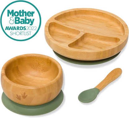 Bubba Bear ® Conjunto de desmame do bebê | Pratos, Tigelas e Colheres de Bambu para Alimentação Led de Crianças | Conjuntos de prato de sucção, tigela e colher para bebês a partir de 6 meses | Babete BLW infantil combinando opcional