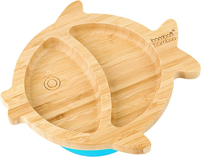 bamboo bamboo Placa de Bambu para Bebês – Crianças e Crianças com Ventosa para Bebês | Não Tóxico | Legal ao toque | Ideal para Baby-Led Weaning (Peixe, Azul)