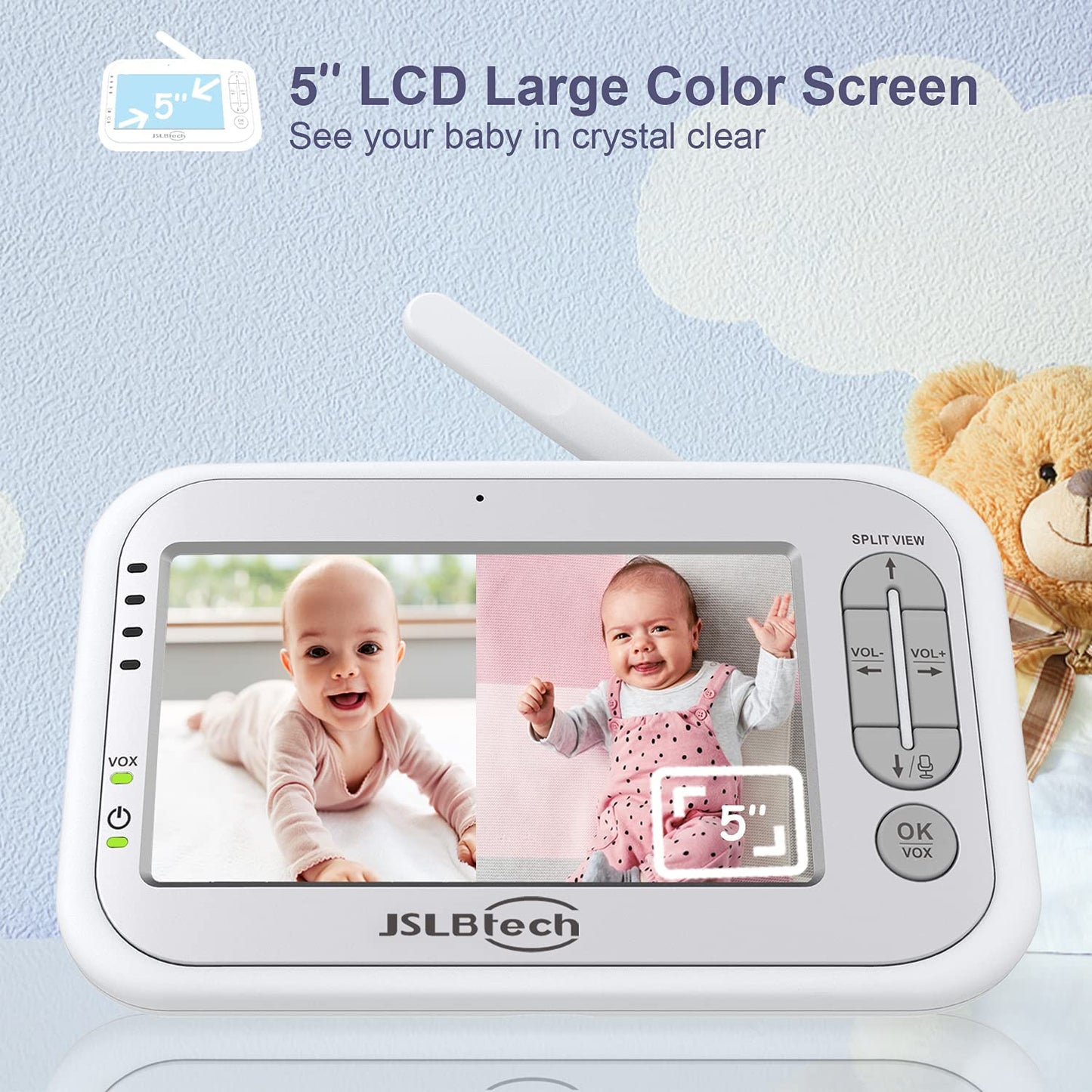 JSLBtech Video Baby Monitor Pantalla dividida con 2 cámaras LCD de 5"