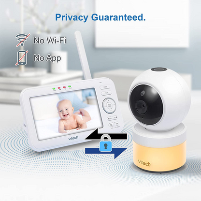 Vtech VM5463-2 Video Baby Monitor LCD de 5" com 2 câmeras, bateria 12 horas. Modo de vídeo, Pan Tilt Zoom, luz noturna colorida, projeção de brilho no teto, recursos ativados por som, conversa bidirecional