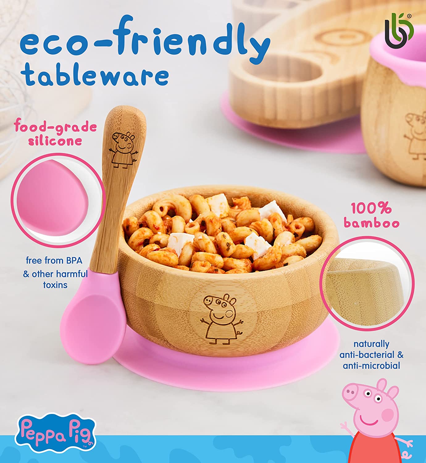 Peppa Pig para Bebê de Sucção Tigela – de Bambu Bebê com Ventosa de Silicone Removível de Tigela e Colher para Conjunto para Crianças| 350ml | Não Tóxico | Legal ao toque | Ideal para Baby-Led Weaning (Peppa Pig)