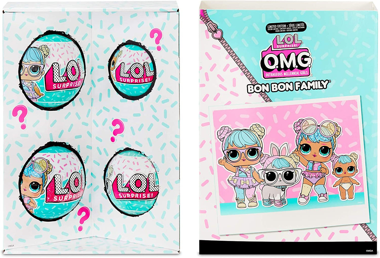 Familia LOL Surprise OMG Bon Bon con más de 45 sorpresas que incluyen Candylicious OMG Doll, Bon Bon, Bling Bon Bon, Lil Bon Bon, Hop Hop, accesorios y juego plegable 