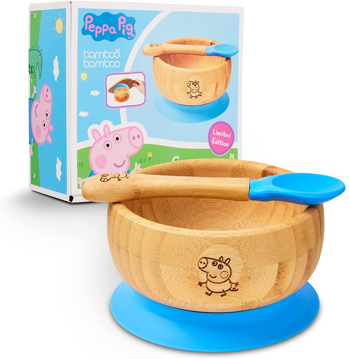 Peppa Pig de Sucção Tigela para Bebê -Bebê de Tigela e Colher para Conjunto de Bambu com Ventosa de Silicone Removível para Crianças | 350ml | Não Tóxico | Legal ao toque | Ideal para Baby-Led Weaning (George Pig)