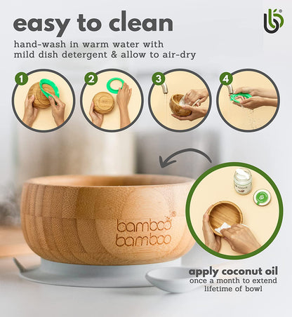 bamboo bamboo de Sucção Tigela para Bebê de Bambu de Colher e Tigela Conjunto com Ventosa de Silicone Removível para Crianças | 350ml | Não Tóxico | Legal ao toque | Ideal para Baby-Led Weaning