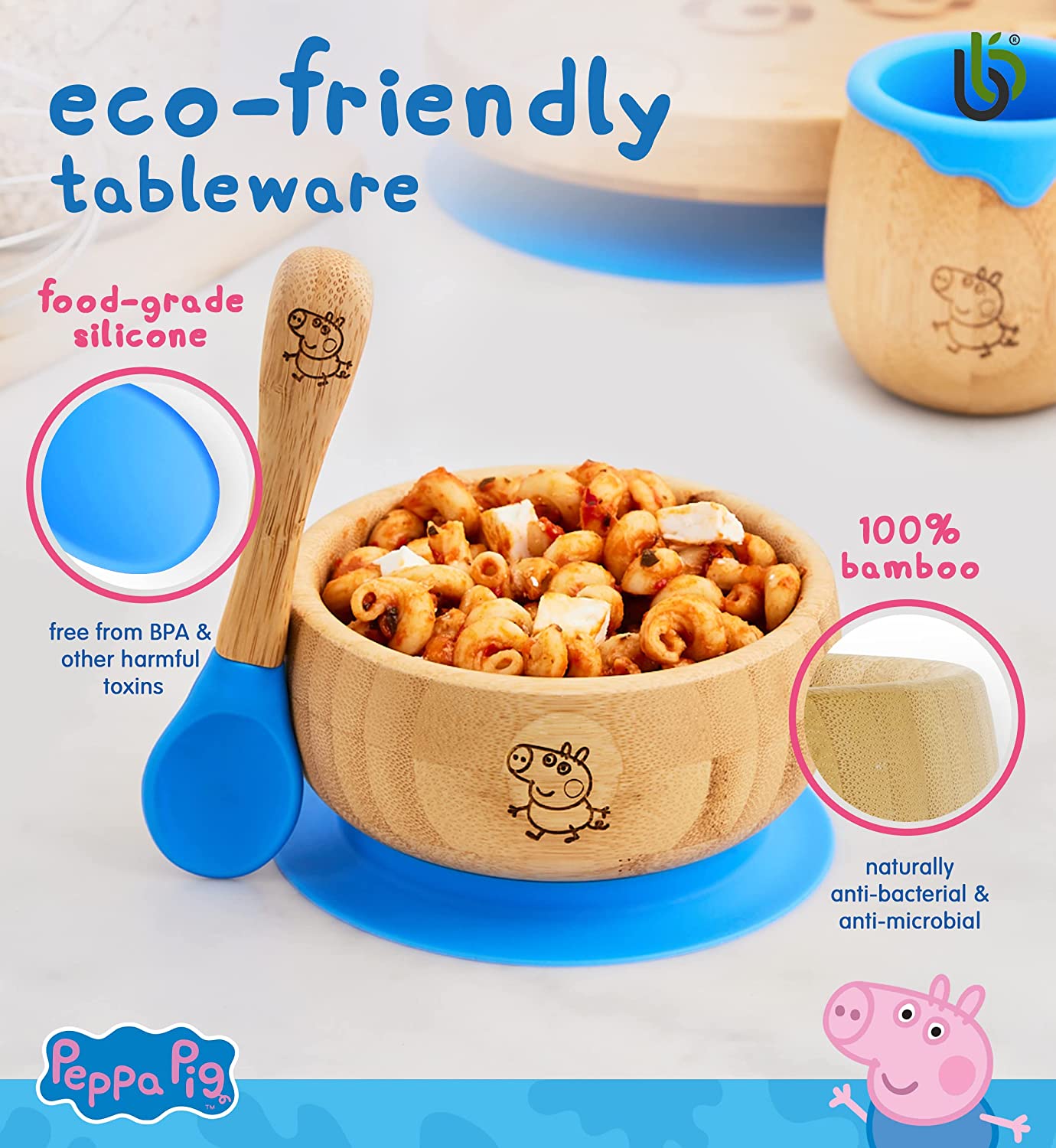 Peppa Pig de Sucção Tigela para Bebê -Bebê de Tigela e Colher para Conjunto de Bambu com Ventosa de Silicone Removível para Crianças | 350ml | Não Tóxico | Legal ao toque | Ideal para Baby-Led Weaning (George Pig)